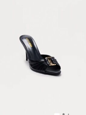 Black Heeled Mule with Gold Buckle by